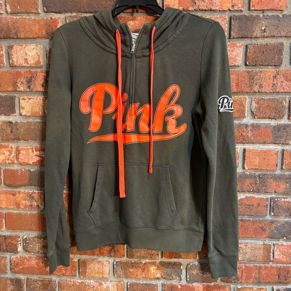 Victoria’s Secret Pink womens 1/4 zip pullover logo hoodie olive green/ orange S